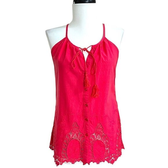 Solitaire Top Sz S Pink Eyelet lace Embroidered Blouse Sleeveless Cottage Beach - Picture 1 of 13